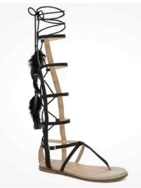Aldo Black Lace-Up Gladiator Sandals with Feather Accent